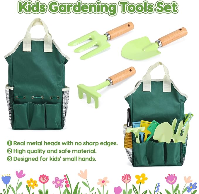 CUTE STONE Kids Gardening Tool Set, 20PCS Gardening Toys Includes Metal Rake,Fork,Trowel,Apron,Gloves,Watering Can,Tote Bag and Strickers, Garden Tool Kit for Kids, Outdoor Toys Gift for Boys Girls