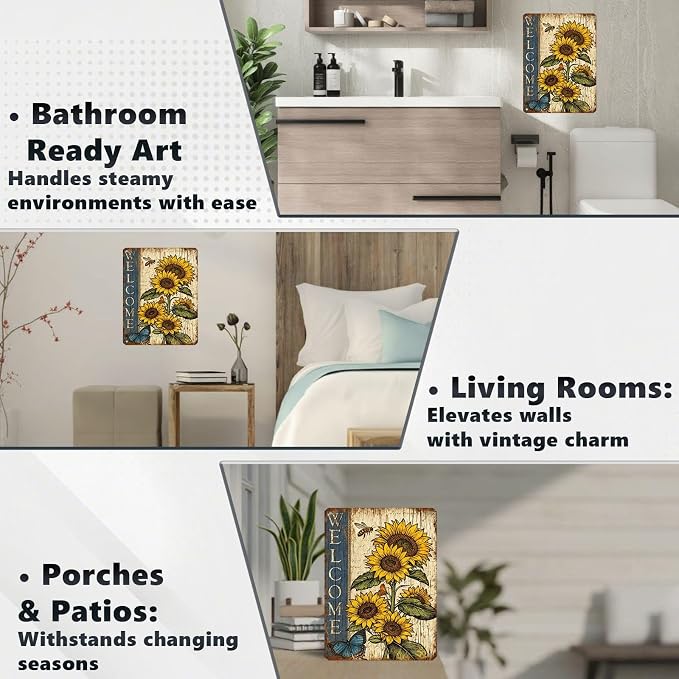 Vintage Sunflower Tin Sign Welcome Retro Garden Metal Sign Rustic Nostalgic Wall Decor For Home Garden Plaque Yard Bar Farmhouse Porch Living Room Cafe Kitchen 16 * 12 In