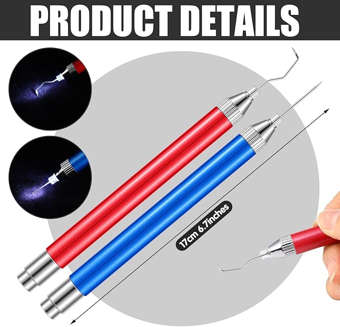 Therwen 2 Pcs LED Weeding Tools for Vinyl with Light Pin Hook Lighted Weeding Pen for Removing Iron on Tiny Vinyl Paper Silhouette Cutting Machines Supply(Red, Blue)