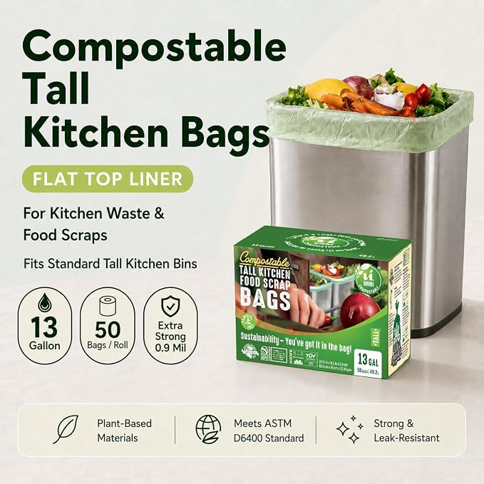 UNNI Compostable Trash Bags, 13 Gallon / 49.2 Liter, 100 Count, Extra Thick 0.9 Mil Tall Kitchen Food Scrap Bin Liners, Certified by BPI, CMA & OK compost HOME, Meets the ASTM D6400 Standard