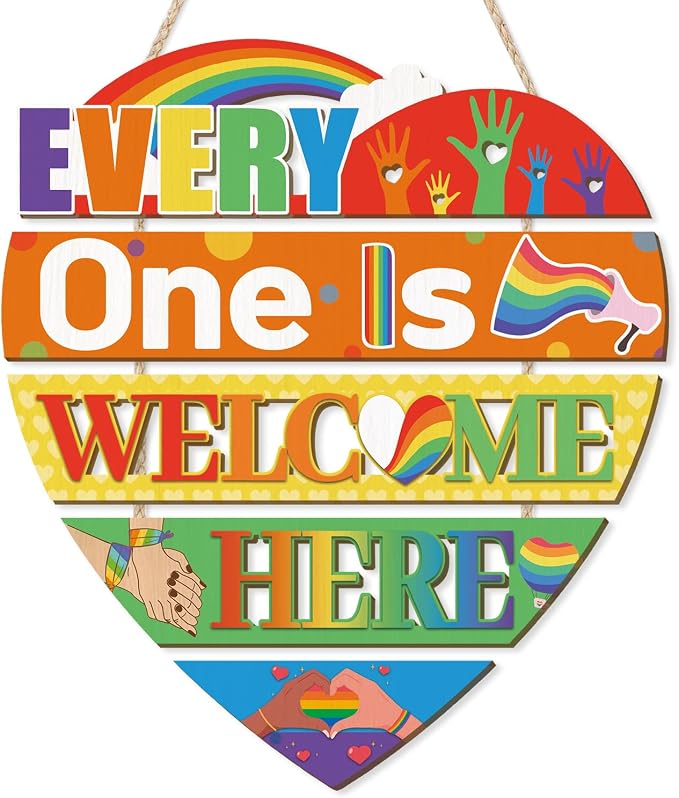 HOURIA Everyone is Welcome Here Pride Wood Sign(11.4"x11.7"),LGBTQ Rainbow Sign Front Door Decoration,Heart-Shaped Layers Wooden Plaques Colorful Welcome Wall Decor for Classroom Office Home