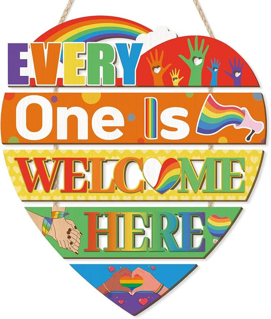 HOURIA Everyone is Welcome Here Pride Wood Sign(11.4"x11.7"),LGBTQ Rainbow Sign Front Door Decoration,Heart-Shaped Layers Wooden Plaques Colorful Welcome Wall Decor for Classroom Office Home