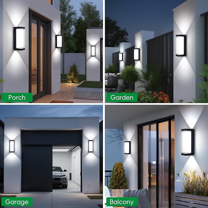 24W Outdoor Porch Lights Exterior Lighting Fixtures Wall Mount Rectangular Modern Patio Sconces 3000LM 6000K Aluminum Black IP65 for Garage House Front Door Entryway