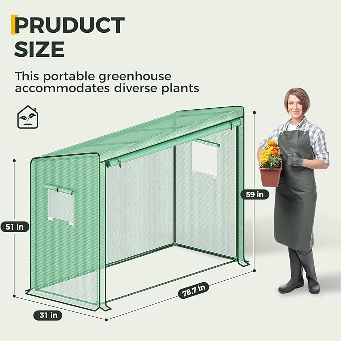 Gentingbro Mini Greenhouse Walk-in Greenhouse w/PE Cover 4 Wind Ropes & Ground Stakes Roll-up Zipper Door Double-Layer Screen Windows Portable Small Greenhouses for Outdoors 79 x 31 x 59-Inch
