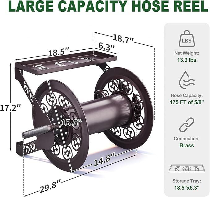 Outvita Wall Mounted Garden Hose Reel, Holds 175 ft 5/8-inch Hose, Manual Water Hose Holder Winder, Decorative Heavy-Duty, Space Saving, Easy Assmbly, for Yard Lawn Garage Backyards (Brown)