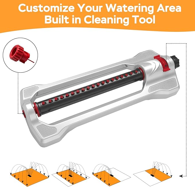 Lawn sprinklers for Yard, Lawn and Garden Covers Up to 3,200 sq. ft., Heavy Duty Metal Lawn Sprinkler with 19 Precision Nozzles, Adjustable Range Watering System with Independent Front & Back Control