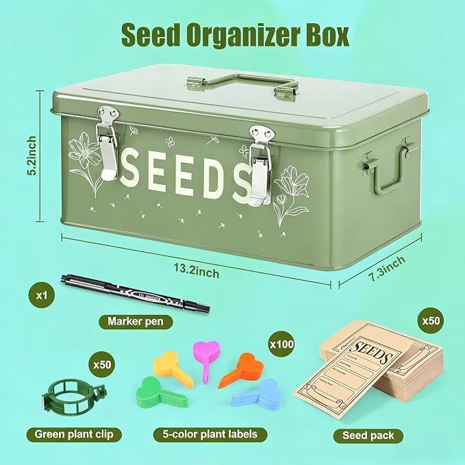 Seed Storage Organizer Box with Dividers, Large Metal Seed Packet Organizer Includes 50 Seed Envelopes, 100 Plant Labels & 50 Plant Clips, Garden Seed Storage Container