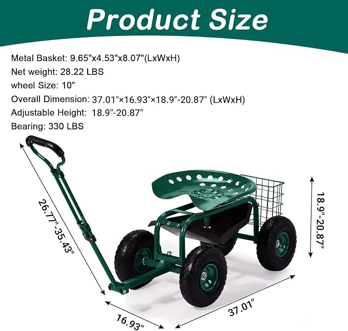 VINGLI Wheeled Gardening Stool, 360° Swivel Rolling Seat Garden Cart with Adjustable Handle & Utility Tool Tray, Outdoor Planting Wagon Scooter for Yard Patio Lawn, Green