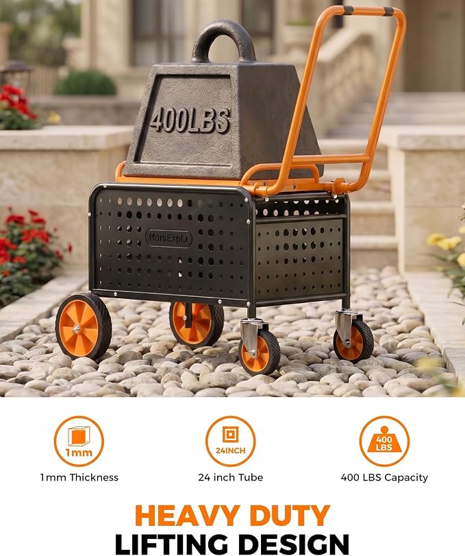 Rolling Garden Work Seat with Wheels, Upgraded Heavy Duty Cart for Seniors with Rotatable 360-Degree Wheels and Extended Handle, Garden Seat for Lawn, Patio & Backyard Gardening, Orange