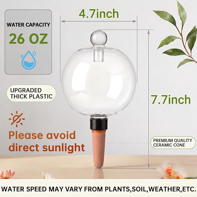 EX-Large Plant Watering Globes with Cover 26oz Top Fill Plastic Water Bulbs Self Watering Planter Inser, Slow Release Terracott, Plant Watering Devices for Plants, 4 Pack