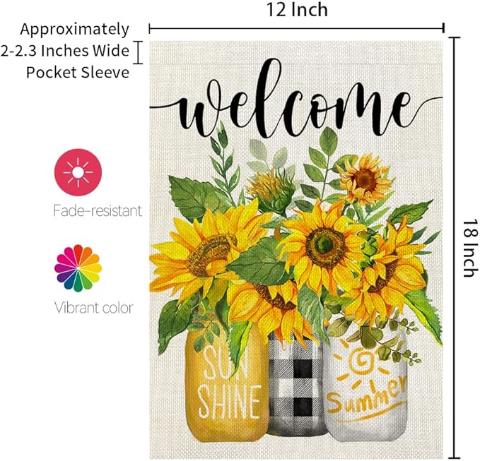 CROWNED BEAUTY Summer Sunflower Garden Flag Mason Jar Double Sided 12x18 Inches Small Burlap Seasonal Welcome Yard Porch Decoration for Outside