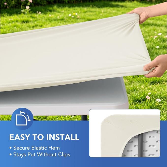 Fitted Tablecloth for 6 Foot Rectangle Tables-6 Pack Cream Elastic Outdoor Picnic Table Cover-Spandex Stretch Folding Table Cloths 6 ft for Camping Dining Room Patio Kitchen Banquet Party