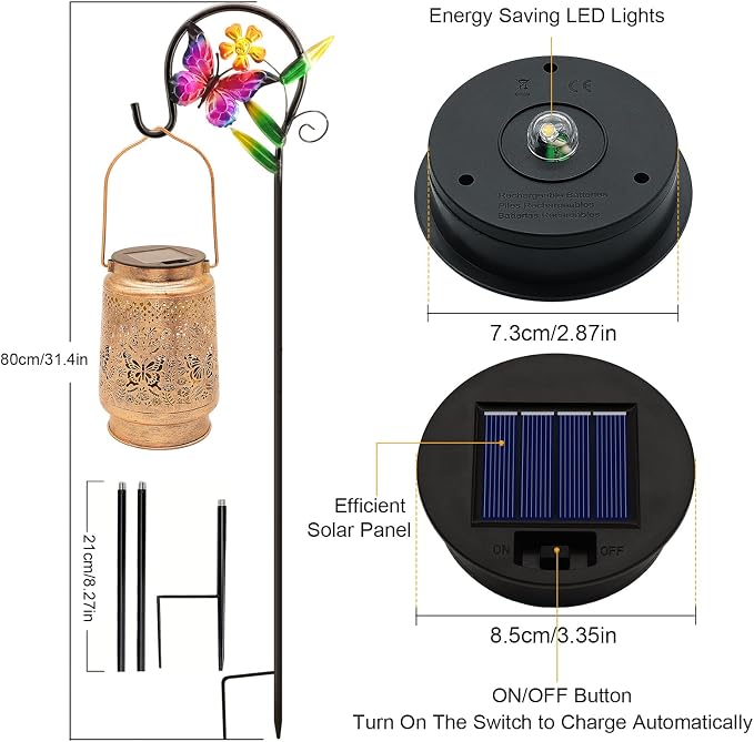 2 Pack Solar Lanterns Outdoor Butterfly Garden Decor, Birthday Gifts for Women Mom Grandma, Waterproof Metal Hanging Solar Lights LED Decoration with Shepherd Hook Outside for Yard Patio Lawn Porch