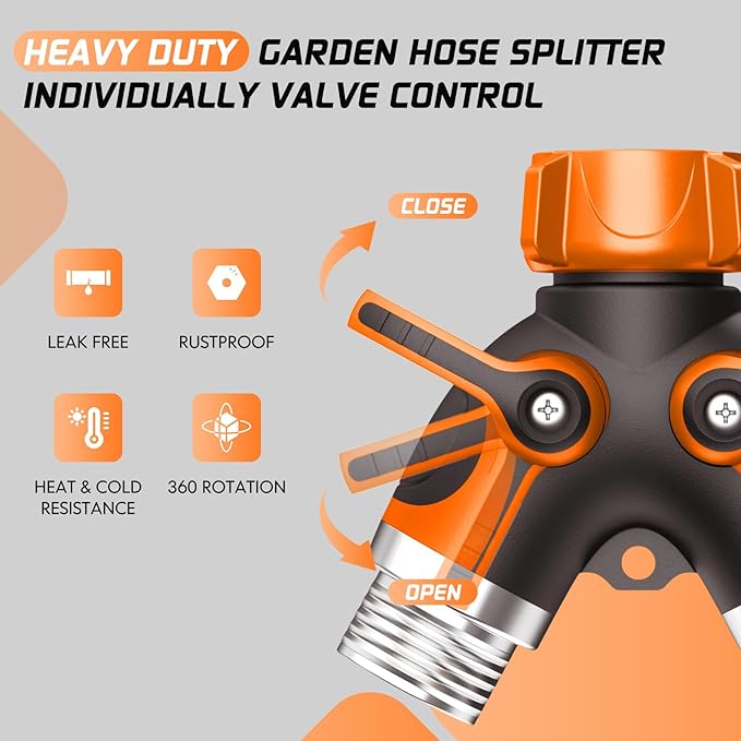 2 Way Garden Hose Splitter with Shut Off Valve,Water Spigot Splitter for 3/4" Hose Connector,Heavy Duty Metal Outdoor Faucet Splitter Y Connector for Hose,with 3 Leakproof Washers & 1 tape(2, Orange)