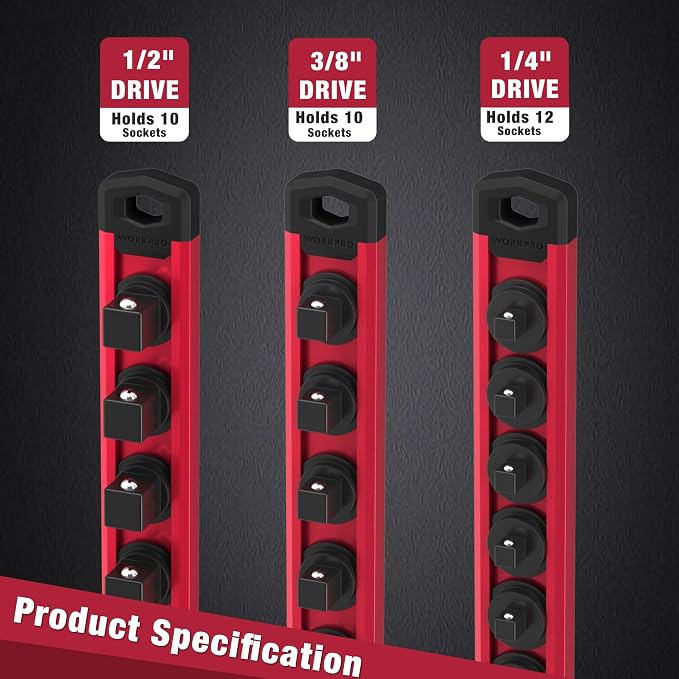 WORKPRO Magnetic Socket Organizer, 3/8-Inch Drive Aluminum Alloy Sockets Rail, Heavy Duty Sockets Holder, Socket Rack Kit 3/8-Inch x 10 Clips (Red)