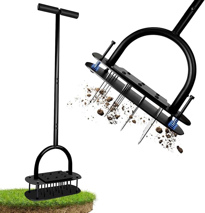 Aerator Lawn Tool, 16 Iron Spikes Manual Lawn Aerators with 3-Layer Anti-Loose Cover & Spring Auto Soil Clean, Yard Grass Aerator for Healthier Lawn, Garden Tool, Pre-Assembled Base for Easy Setup