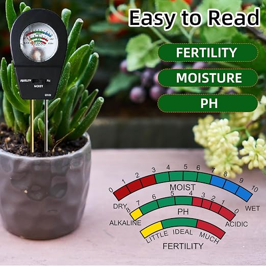 3-in-1 Soil Moisture Meter pH & Fertility Tester, No Battery Needed Plant Soil Test Kit for Houseplants, Garden, Lawn & Farm, Plug-and-Read Soil Acidity Meter for Indoor Outdoor Potted Plants (Black)