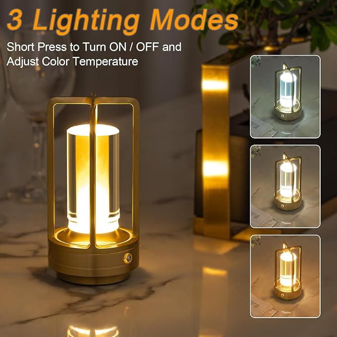 Cordless Table Lamp Rechargeable, Battery Operated Crystal Lamp, Stepless Dimming Touch Control, 3 Color LED Bedside Night Light for Bedroom, Dining Room, Outdoor Camping, Gold (2 Pack)