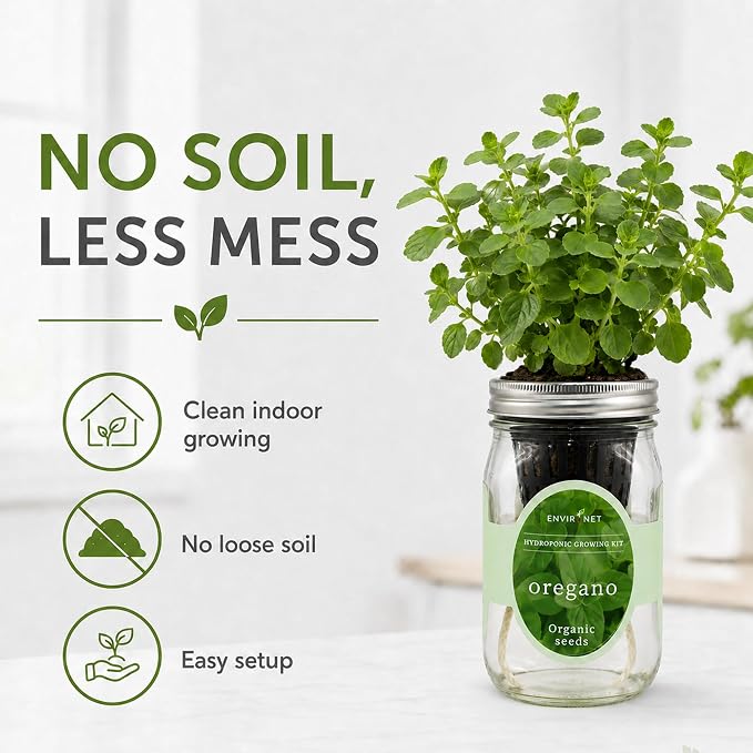 Hydroponic Herb Growing Kit, Self-Watering Mason Jar Herb Garden Starter Kit Indoor, Grow Your Own Herbs from Organic Seeds (Oregano)