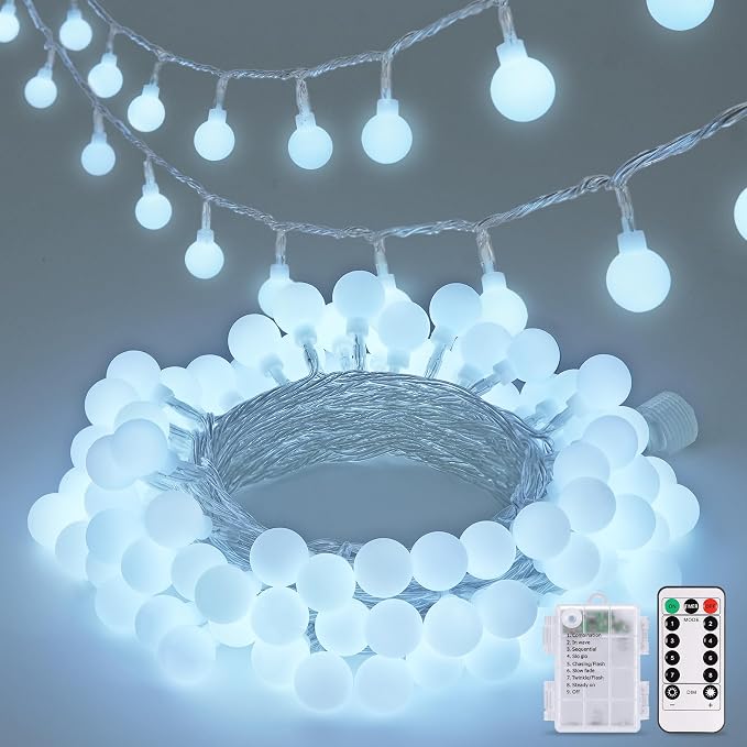 JMEXSUSS Globe String Lights Battery Operated - 100 LED White Fairy Lights Indoor Outdoor Waterproof 33FT Battery Powered String Lights with Remote for Wedding Bedroom Classroom Camping Decor