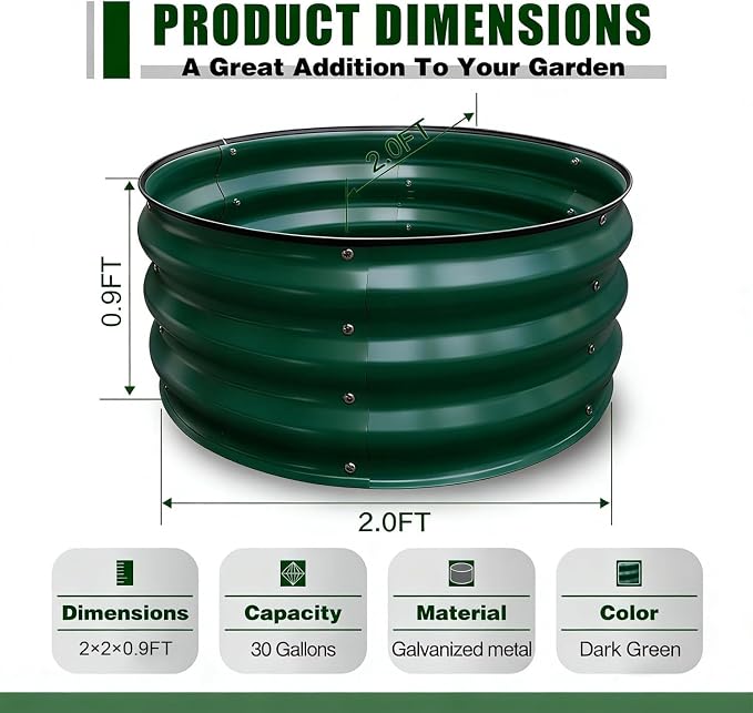 GrowHaus 2x2x1FT Galvanized Raised Garden Bed, Planter Boxes Outdoor Round Metal Garden Beds for Planting Vegetables Flowers Herbs 2 Pack Dark Green