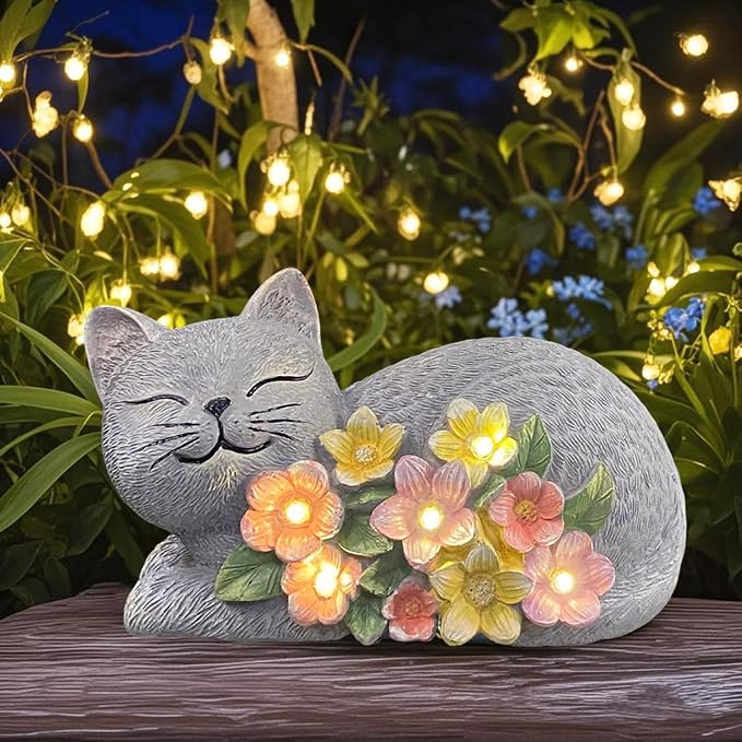 Solar Cat Garden Statue, Resin Solar Cat Lights with Flower for Outside, Outdoor Cats Statues for Lawn Porch Yard Art - Birthday Gifts for Mom Grandma Women