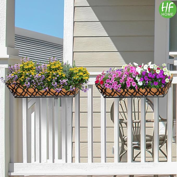 HFHOME 24 Inch Deck Railing Planter Box with Horse Trough Coco Liner, 24" Window Boxes with Coconut Coir Liner, Black Metal Hanging Flower Planter Basket for Outdoor Indoor Lawn - 4 Pack