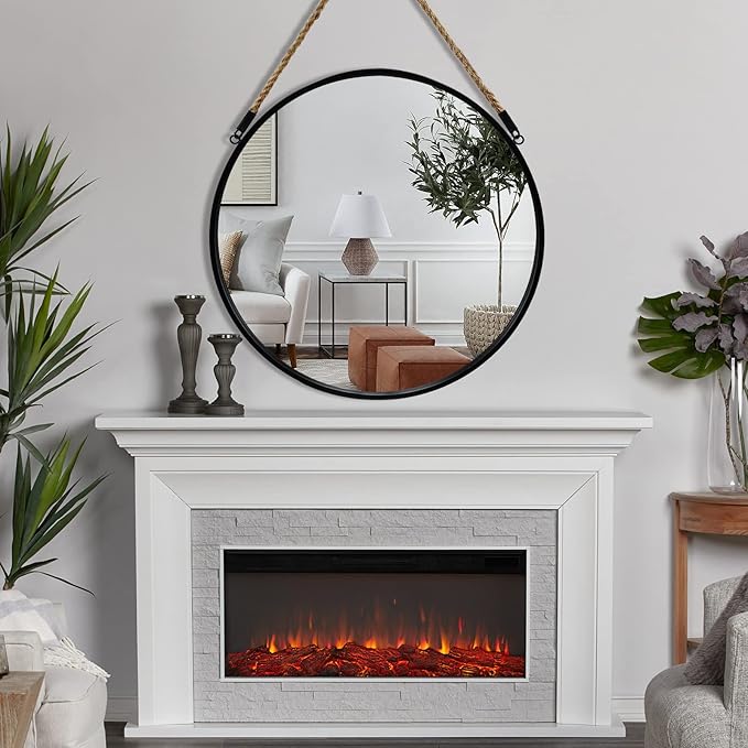 POZINO Round Mirror with Rope, 24 Inch Circle Hanging Wall Mirrors, Black Frame Farmhouse Decorative Mirror for Entryway, Living Room, Fireplace, Bedroom, Bathroom