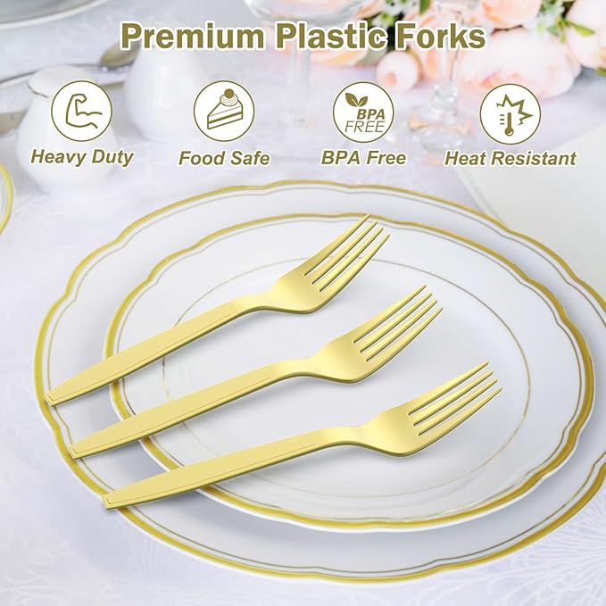 Dealusy 360 Count Extra Heavy Duty Gold Plastic Forks Disposable, BPA-Free, Heat Resistant, Solid and Durable Disposable Forks Bulk, Premium Plastic Forks heavy duty for Party Supply