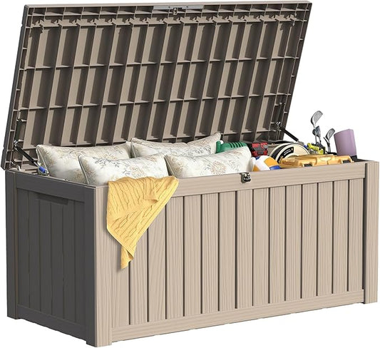 150 Gallon Deck Box Organizer, Doubles as 2-Person Bench Seat, Gray Large Resin Outdoor Storage and Seating with Lockable Lid for Garden, Pool, and Patio