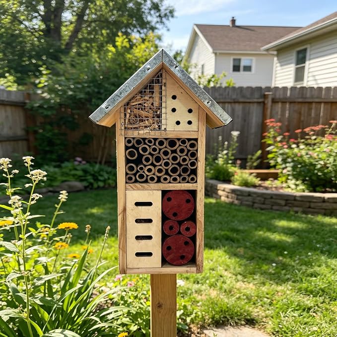 Wooden Insect Hotel for Garden - Bee House & Ladybug House, Pollinator Bug Hotel/Bug House to Attract Beneficial Garden Insects (Tin Color)