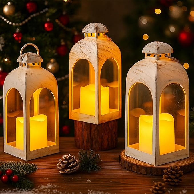Tujoe 6 Pcs 10 Inch Decorative Candle Lantern Bulk for Wedding Centerpieces Lanterns with LED Flameless Candle Indoor Outdoor Hanging Lights for Wedding Party, Battery Included (White)