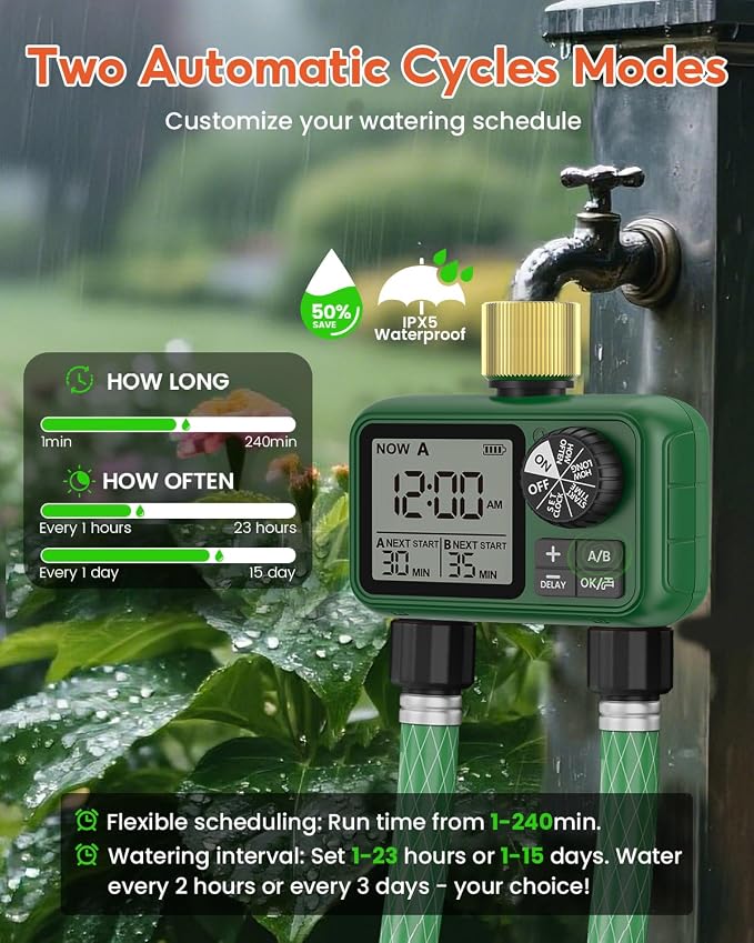 Water Timer for Outdoor Garden Hose, Sprinkler Timer for Garden Faucet with Auto/Manual/Rain Delay Mode, Sprinkler Irrigation Controller for Yard Lawn (2 Zones Brass Inlet & Outlet)