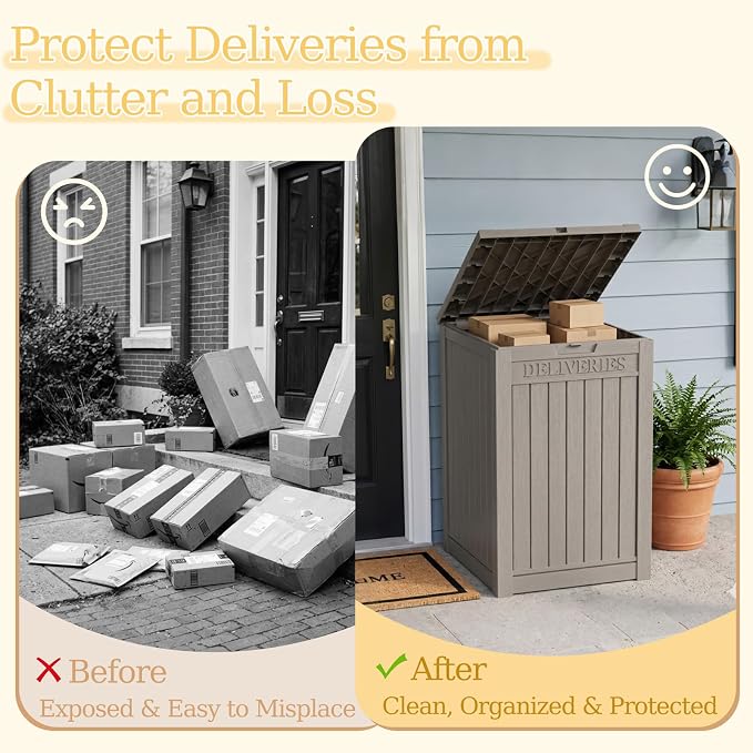 Outdoor Storage Box, 65 Gallon Package Delivery Boxes for Outside, with Lockable Secure, Deck Box Outdoor Waterproof for Entryway, Front Porch, Backyard, Garden, Patio, Lawn, Grey