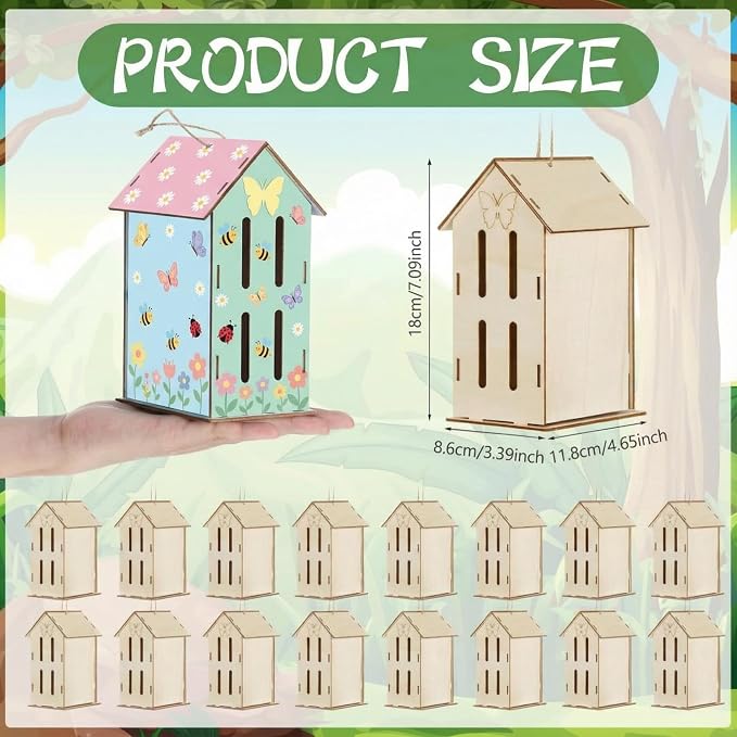 DoubleFill 48 Pack Wood Butterfly House Painting Crafts Kits My First Butterfly House DIY Art Craft Kit with Hemp Rope DIY Cedar Wooden Birdhouse for Building Bee Ladybug Habitat (No Paint