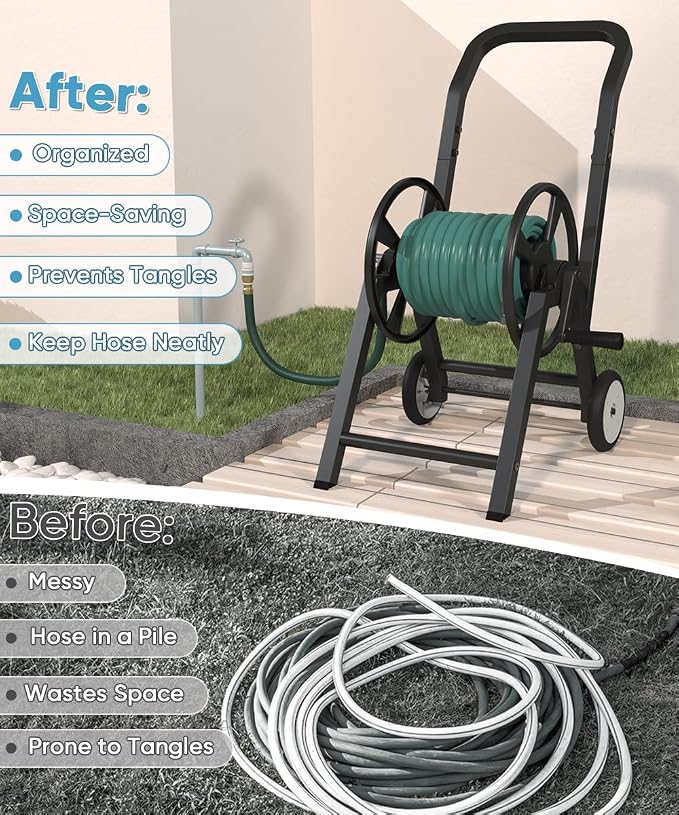 Artigarden Garden Hose Reel Cart with Wheels, Holds 165 ft of 5/8’’ Hose Outdoor Heavy Duty Powder-coated Steel Water Storage Holder Rack with 3.9 Ft Leader Hose for Outside Lawn Yard, Black