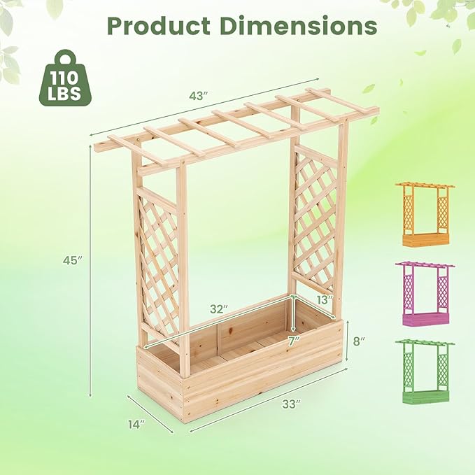 Giantex Wooden Raised Garden Bed with Trellis & Hanging Roof, 2 Pack Fir Wood Planter Box, 45" Freestanding Elevated Garden Bed for Outdoor Climbing Plants Vegetables Flowers, Patio & Balcony, Natural