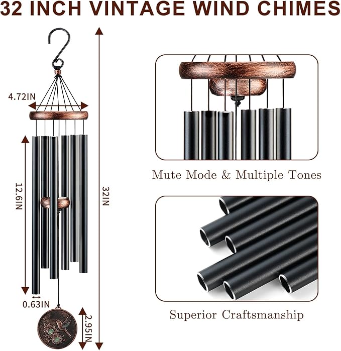 Wind Chimes for Outside, Vintage Hummingbird Deep Tone Wind Chime, Large Outdoor Hanging Decor for Patio Porch Balcony Garden, Gifts for Women Mom Grandma (32” Hummingbird)