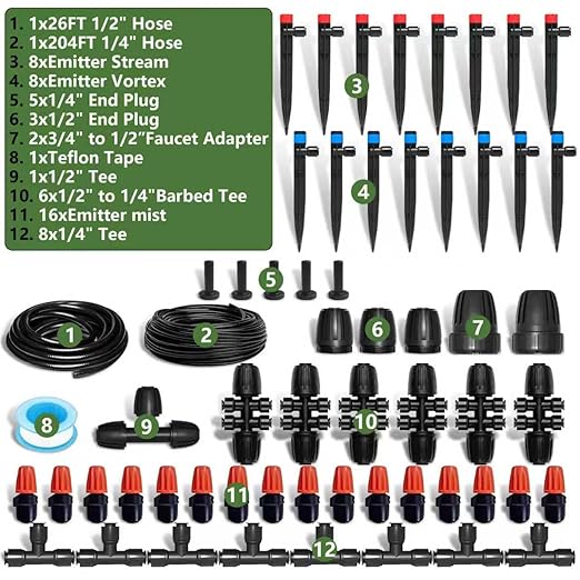 230FT Garden Drip Irrigation System, Quick-Connect Plants Watering System Kit with 1/2" & 1/4", Automatic Adjustable Nozzles & Sprinklers for Greenhouse, Raised Bed, Lawn, Flower Bed, Hanging Baskets