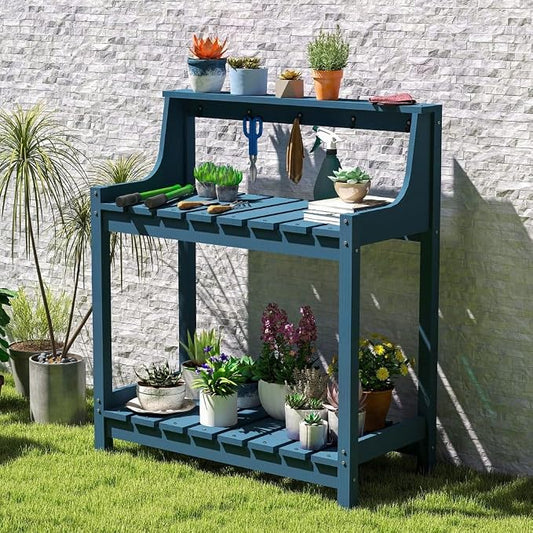 Potting Benches for Outside, HDPE Garden Potting Table All Weather, Outdoor Potting Table with Storage for Patio, Backyard, Garden, Dark Blue