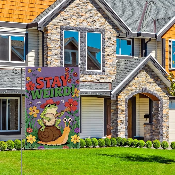 Perfectinsoy Stay Weird Funny Garden Flag, Inclusion Equality Human Rights LGBTQ Yard Banner, Retro Snail Frog Flags, Community Progress Welcome Yard Farmhouse Patio Lawn Spring Summer Outdoor Decor