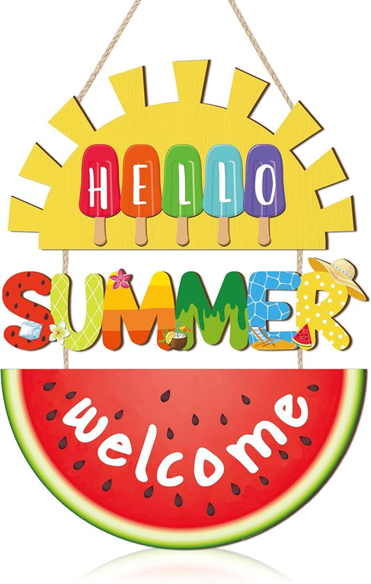HOURIA Hello Summer Welcome Front Door Sign,11.4"*14.6"Inch Watermelon Sunshine Wood Hanging Plaque for Wreath,Colorful Summer Ice Cream Door Hanger for Porch Garden Farmhouse Indoor Outdoor