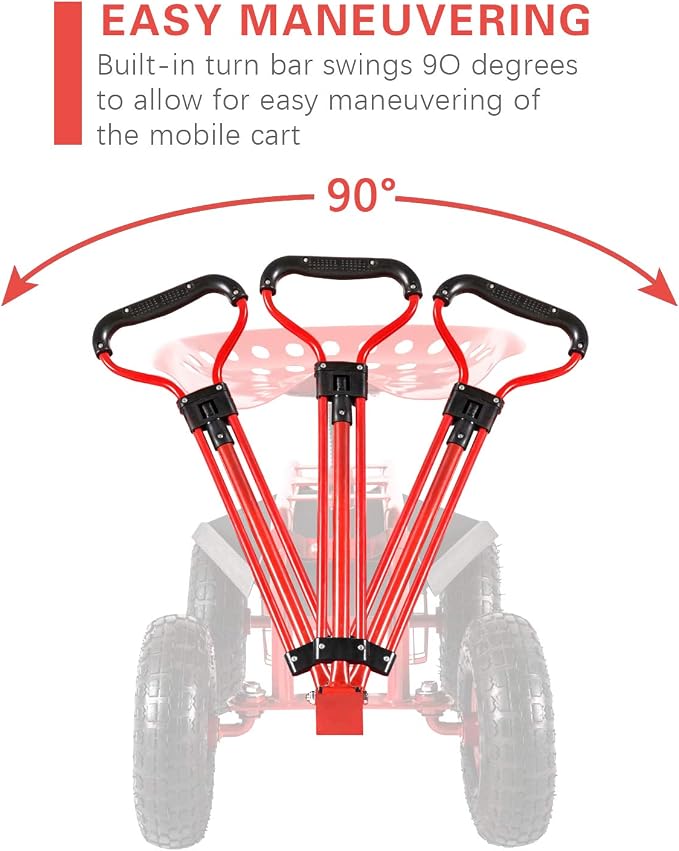 Garden Cart Rolling Work Seat 4-Wheel Mobile Patio Wagon Scooter for Planting, Adjustable Handle 360 Degree Swivel Seat, Red
