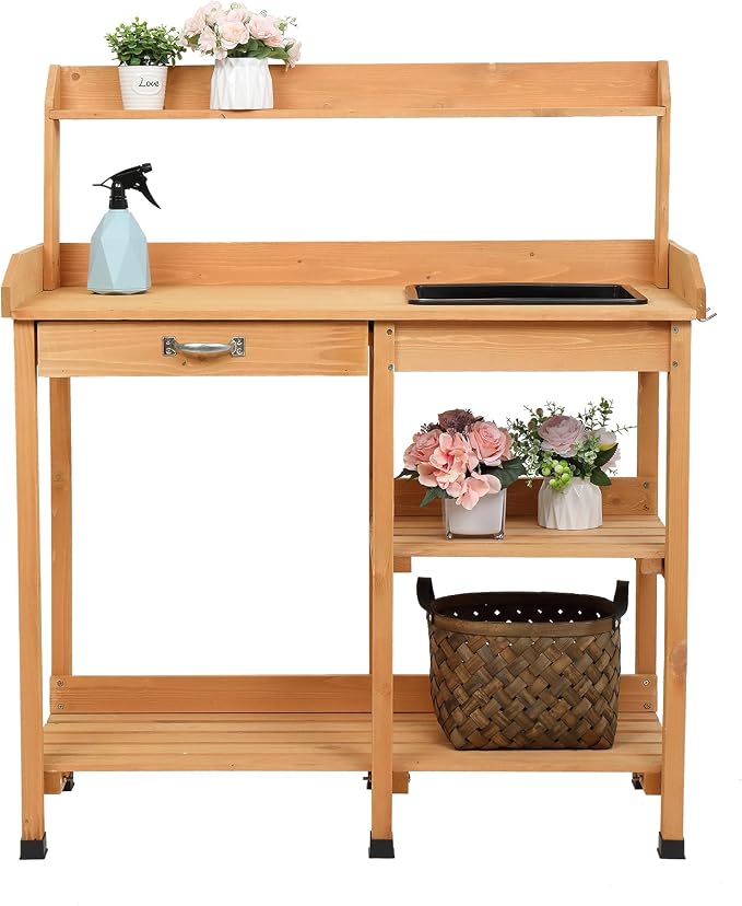 Garden Potting Bench,Wooden Garden Workbench with Storage Shelves for Patio,Backyard and Porch (Burlywood with Drawers and Sink)