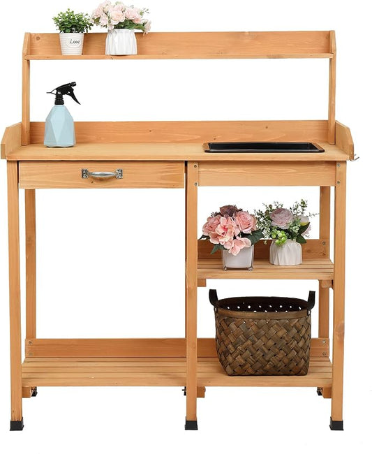 Garden Potting Bench,Wooden Garden Workbench with Storage Shelves for Patio,Backyard and Porch (Burlywood with Drawers and Sink)