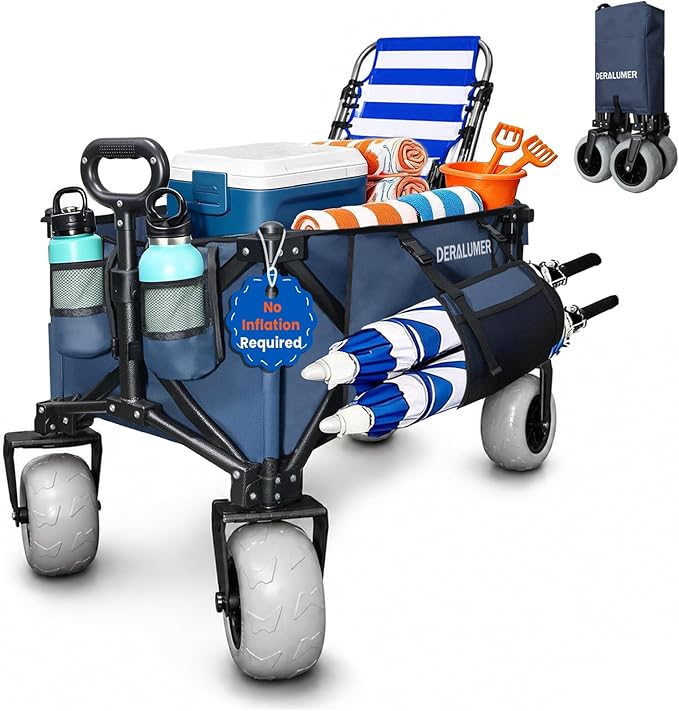 X800 Heavy Duty Beach Wagon with 9x4 Sand-Proof All-Terrain Wheels, 300L Oversized Foldable Wagon Cart with Side Bag, All-Terrain Utility Wagon for Beach Essentials, Sport, Camping (Navy Blue)