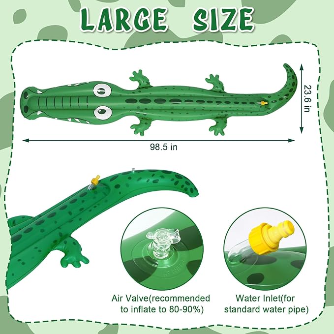 96" x 13" Extra Large Sprinkler for Kids,Outdoor Inflatable Crocodile Sprinkler Toddler Water Toy for Yard,Durable Summer Outside Splashing Water Spray Fun Toys for Lawn Garden Backyard