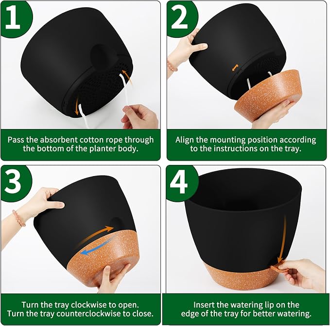 GARDIFE 12 inch planters, Plant Pots,Self Watering Pots, 2 Pack Large Plastic Flower pots with Deep Reservior and High Drainage Holes for Indoor Outdoor Plants and Flowers, Black