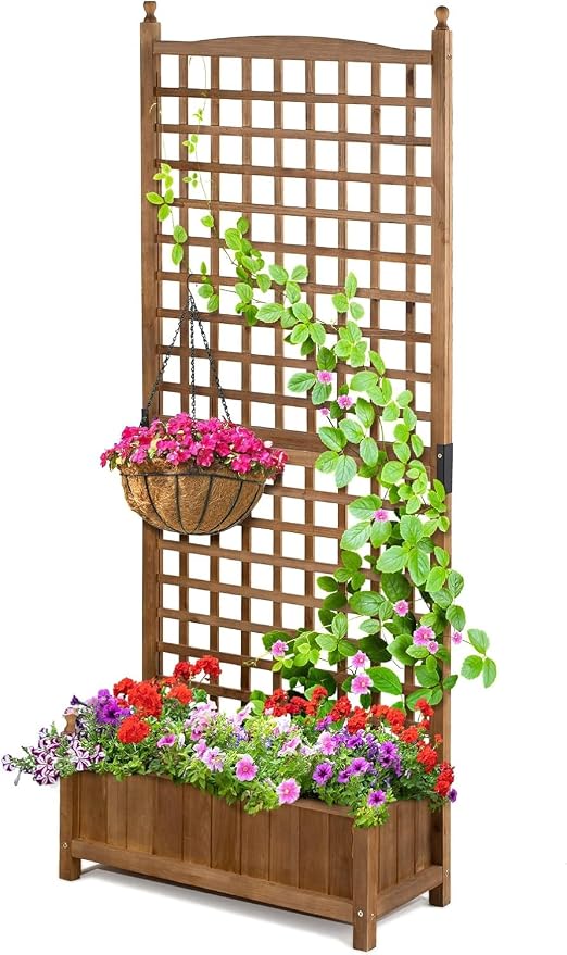 Idzo 71 Inches Height Raised Garden Bed with Trellis, Durable Oil Coated Planter with Trellis, Vertical Gardens Outdoors with Convenient Non Woven Lining for Better Plants Growing