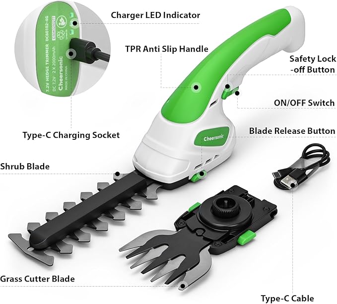 Cordless Grass Shear & Hedge Trimmer 7.2V Handheld Electric Grass Trimmer with 2 * 2000mAh Battery 2 in 1 Lightweight Shrub Trimmer Type-C Cable for Small Bushes, Lawn Edging & Garden Green